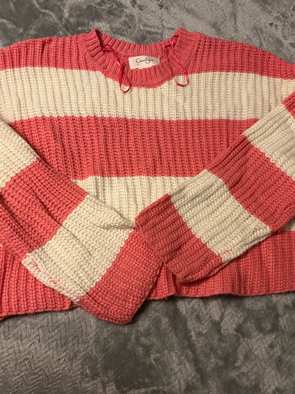 Jessica Simpson Coral and Cream Striped Crewneck Sweater